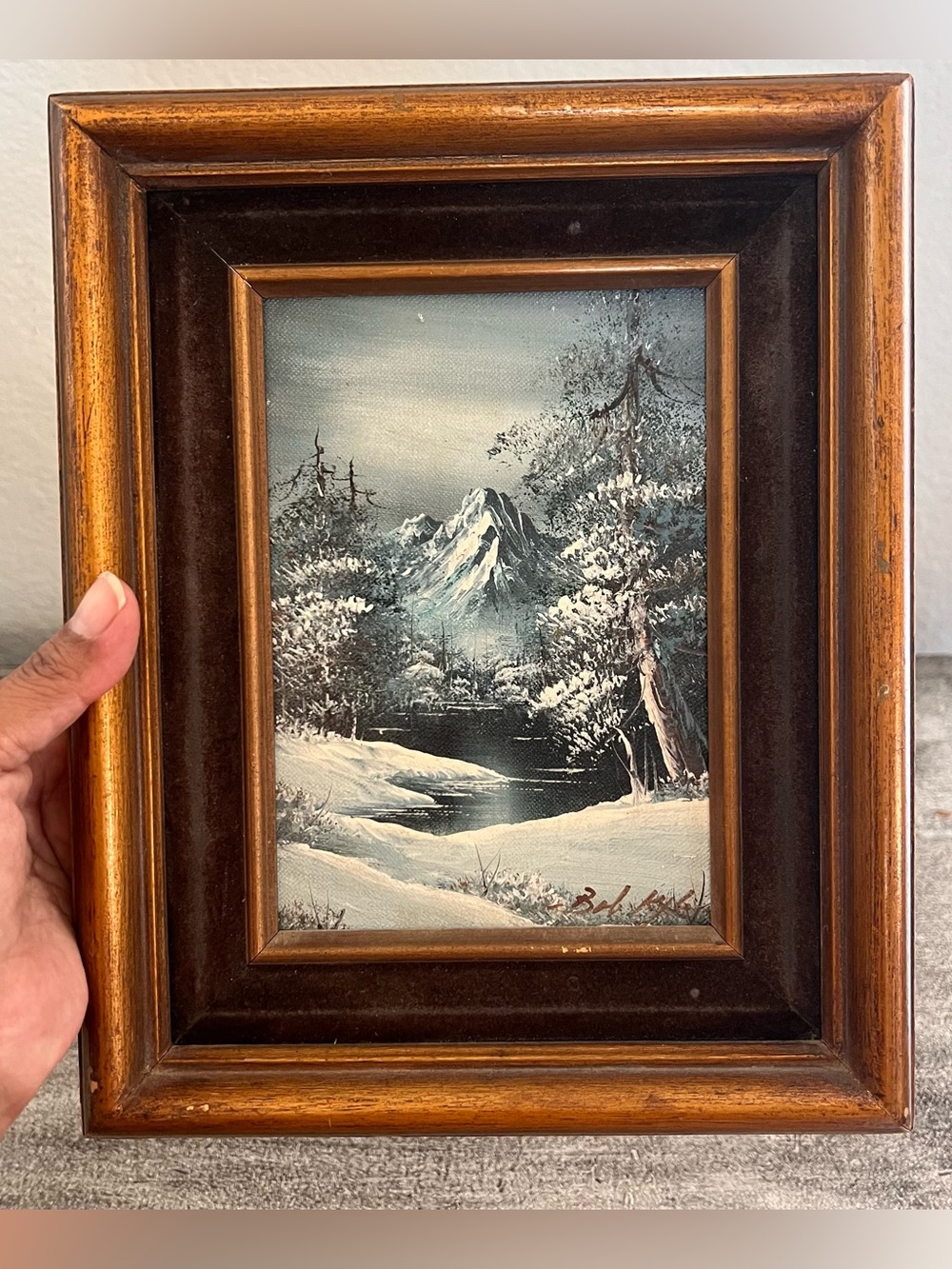 Vintage Artwork oil Canvas Frame Painting Winter Landscape Snow Mountains 8x10